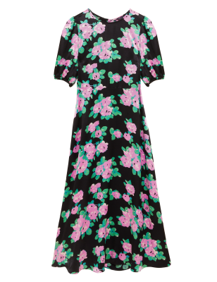 

Womens M&S Collection Satin Floral Round Neck Midaxi Tea Dress - Multi, Multi