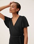 Jersey V-Neck Short Sleeve Midi Wrap Dress