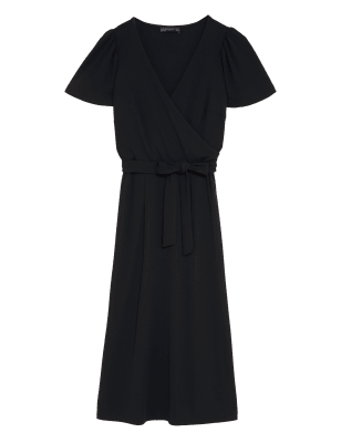 

Womens M&S Collection Midi-Wickelkleid aus Jersey mit kurzen Ärmeln und V-Ausschnitt - Black, Black