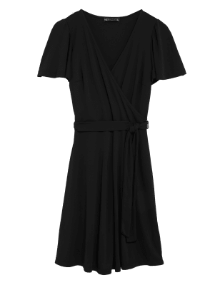 

Womens M&S Collection Jersey V-Neck Short Sleeve Mini Wrap Dress - Black, Black