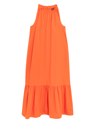 

Womens M&S Collection Pure Cotton Tie Neck Midi Tiered Dress - Orange, Orange