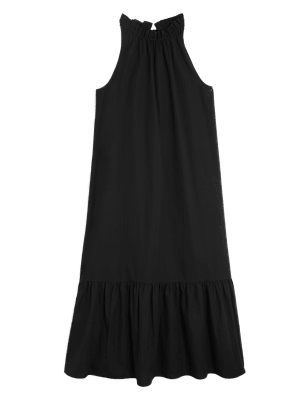 

Womens M&S Collection Pure Cotton Tie Neck Midi Tiered Dress - Black, Black