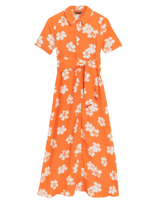 

Womens M&S Collection Geblümtes Midi-Shirtkleid mit Bindedetail vorne - Orange Mix, Orange Mix