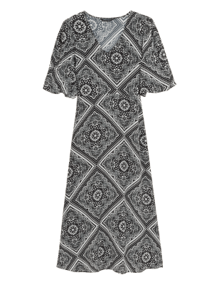 

Womens M&S Collection Midi-Teekleid mit V-Ausschnitt und geometrischem Muster - Black Mix, Black Mix