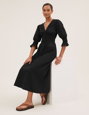 

Womens M&S Collection Pure Cotton V-Neck Midi Waisted Dress - Black, Black