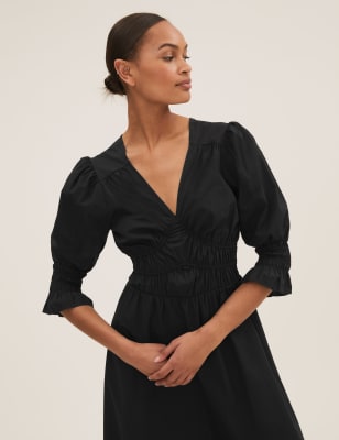 Robe Midi 100 Coton Avec Col En V Et Taille Ajustee