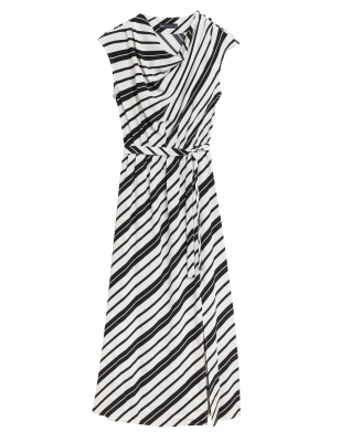 

Womens M&S Collection Tailliertes Midikleid mit Streifen und Wasserfallausschnitt - Ivory Mix, Ivory Mix