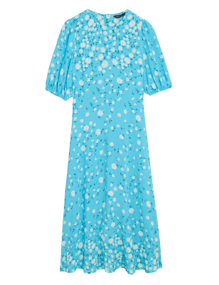 

Womens M&S Collection Floral Round Neck Midaxi Tea Dress - Blue Mix, Blue Mix