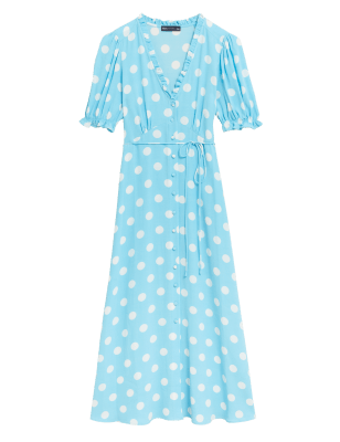 

Womens M&S Collection Polka Dot V-Neck Midi Tea Dress - Blue Mix, Blue Mix