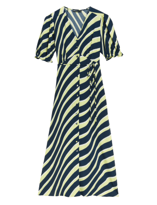 

M&S Collection Vestido de tarde de rayas a media pierna de manga corta de escote en picoWomens - Yellow Mix, Yellow Mix