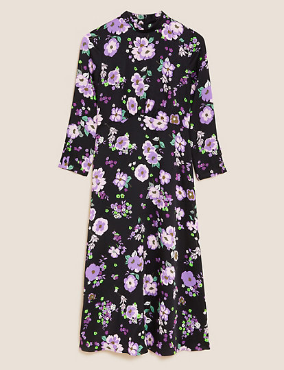 Satin Floral Button Detail Midi Dress