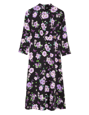 

M&S Collection Vestido floral a media pierna de satén con detalle de botonaduraWomens - Black Mix, Black Mix