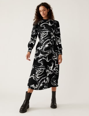 Marble Print Round Neck Midi Column Dress