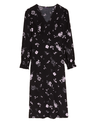 

Womens M&S Collection Tailliertes Midi-Teekleid mit V-Ausschnitt und Blumenmuster - Black Mix, Black Mix