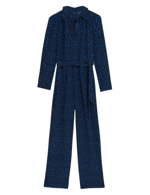 

Womens M&S Collection Jumpsuit mit Sternmuster, Schleifenkragen und Gürtel - Navy Mix, Navy Mix