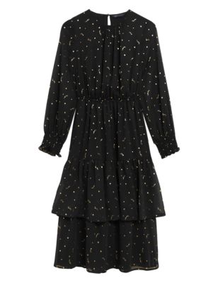 

Womens M&S Collection Star Print Round Neck Midi Tiered Dress - Black Mix, Black Mix