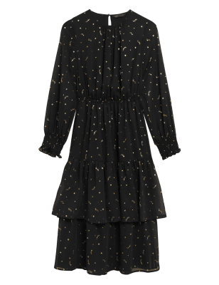 

Womens M&S Collection Star Print Round Neck Midi Tiered Dress - Black Mix, Black Mix