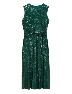 

Womens M&S Collection Sequin Round Neck Tie Front Midi Tea Dress - Green, Green