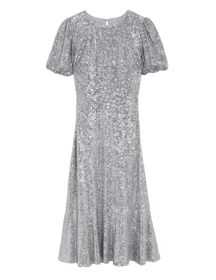 

Womens M&S Collection Sequin Round Neck Midi Tea Dress - Silver, Silver