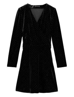 

Womens M&S Collection Velvet Studded Knee Length Wrap Dress - Black, Black