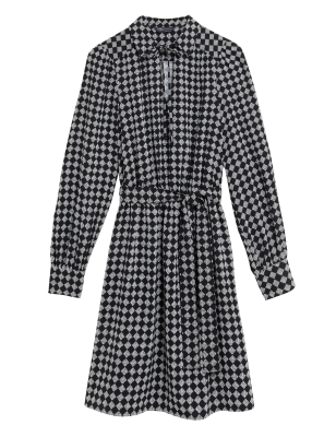 

Womens M&S Collection Checked Tie Neck Mini Waisted Dress - Black Mix, Black Mix