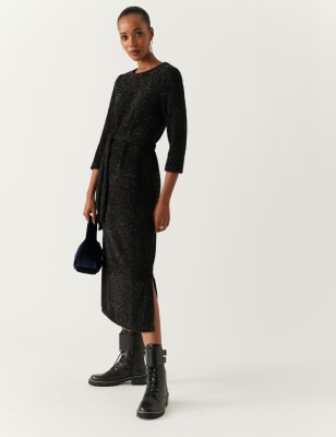 Jersey Tinsel Belted Midi Shift Dress