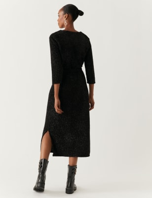 Jersey Tinsel Belted Midi Shift Dress