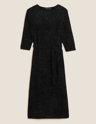 Jersey Tinsel Belted Midi Shift Dress