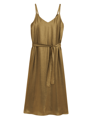 

Womens M&S Collection Lamé V-Neck Midi Slip Dress - Gold, Gold