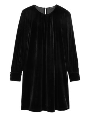 

Womens M&S Collection Velvet Round Neck Mini Shift Dress - Black, Black