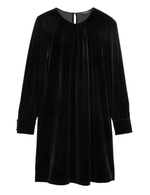 

Womens M&S Collection Velvet Round Neck Mini Shift Dress - Black, Black