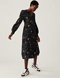 Floral V-Neck Blouson Sleeve Midi Tea Dress