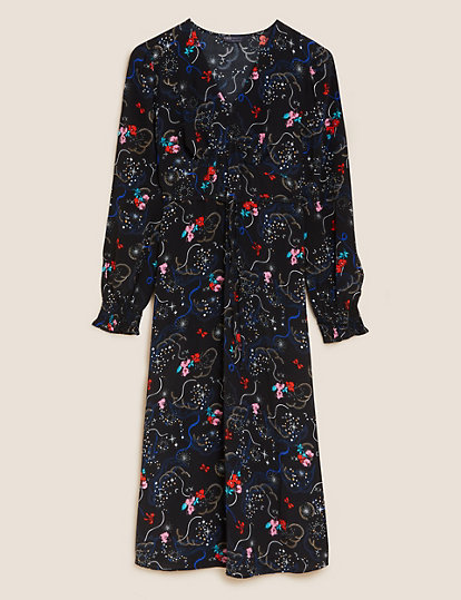 Floral V-Neck Blouson Sleeve Midi Tea Dress