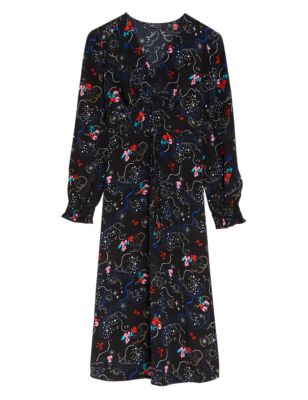 

Womens M&S Collection Floral V-Neck Blouson Sleeve Midi Tea Dress - Black Mix, Black Mix