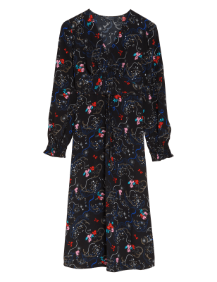 

Womens M&S Collection Geblümtes Midi-Teekleid mit Blousonärmeln und V-Ausschnitt - Black Mix, Black Mix