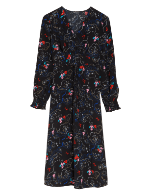 

Womens M&S Collection Floral V-Neck Blouson Sleeve Midi Tea Dress - Black Mix, Black Mix