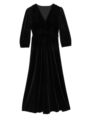 

Womens M&S Collection Velvet V-Neck Midi Tea Dress - Black, Black