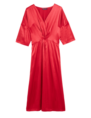 

Womens M&S Collection Satin V-Neck Midi Waisted Dress - Red, Red
