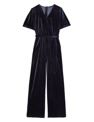 

M&S Collection Mono de manga corta de terciopelo con cinturónWomens - Midnight Navy, Midnight Navy
