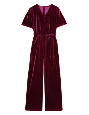 

Womens M&S Collection Velvet Belted Short Sleeve Jumpsuit - Burgundy, Burgundy