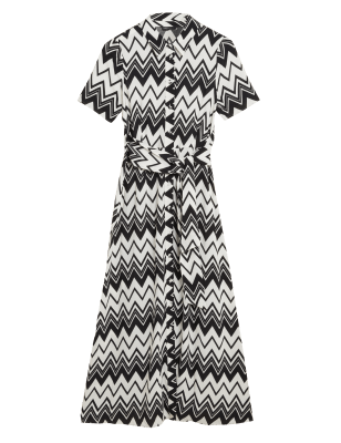 

Womens M&S Collection Gemustertes Midi-Shirtkleid mit Bindedetail vorne - Ivory Mix, Ivory Mix