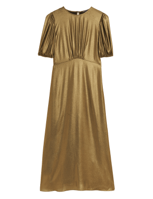 

Womens M&S Collection Midi-Teekleid mit Puffärmeln, Rundhalsausschnitt und Lamé - Gold, Gold