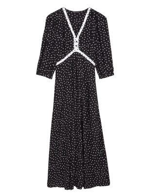 

Womens M&S Collection Polka Dot V-Neck Midi Tea Dress - Black Mix, Black Mix