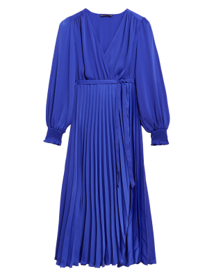 

Womens M&S Collection Satin V-Neck Pleated Midi Wrap Dress - Ultraviolet, Ultraviolet