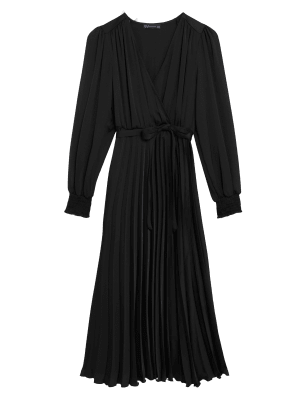 

Womens M&S Collection Midi-Plisseewickelkleid aus Satin mit V-Ausschnitt - Black, Black