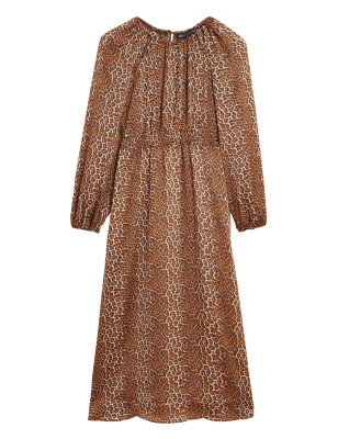 

Womens M&S Collection Animal Print Round Neck Midi Waisted Dress - Brown Mix, Brown Mix