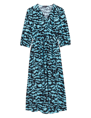 

Womens M&S Collection Midi-Wickelkleid mit V-Ausschnitt und Tiermuster - Blue Mix, Blue Mix
