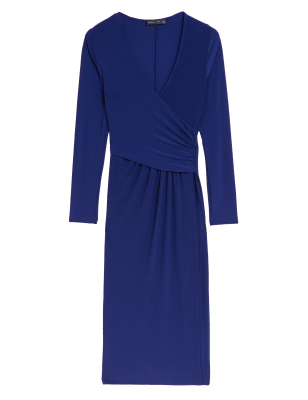 

Womens M&S Collection Jersey V-Neck Ruched Midi Wrap Dress - Blue, Blue