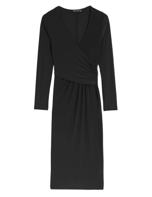 

Womens M&S Collection Midi-Wickelkleid aus Jersey mit V-Ausschnitt und Rüschen - Black, Black