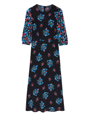 

Womens M&S Collection Floral Round Neck Midaxi Tea Dress - Black Mix, Black Mix